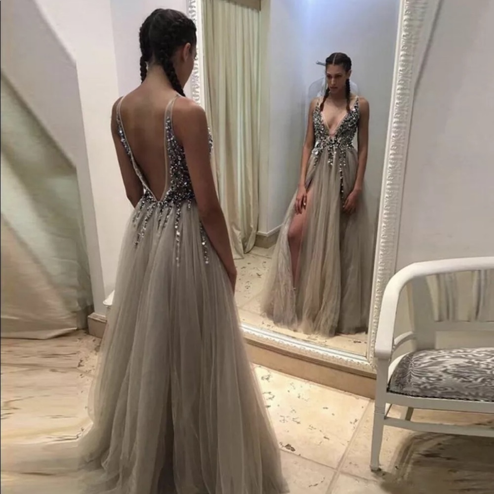 Sequin dress mesh evening prom party split long silver gray
